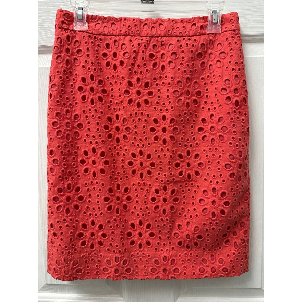 J Crew Pencil Skirt Floral Eyelet Coral Orange Size 2 READ DESCRIPTION